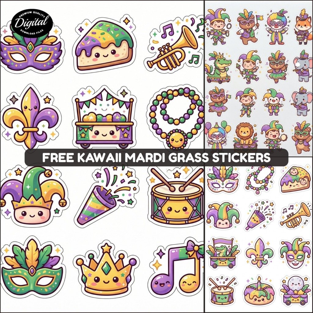 Free Kawaii Mardi Grass Stickers promos
