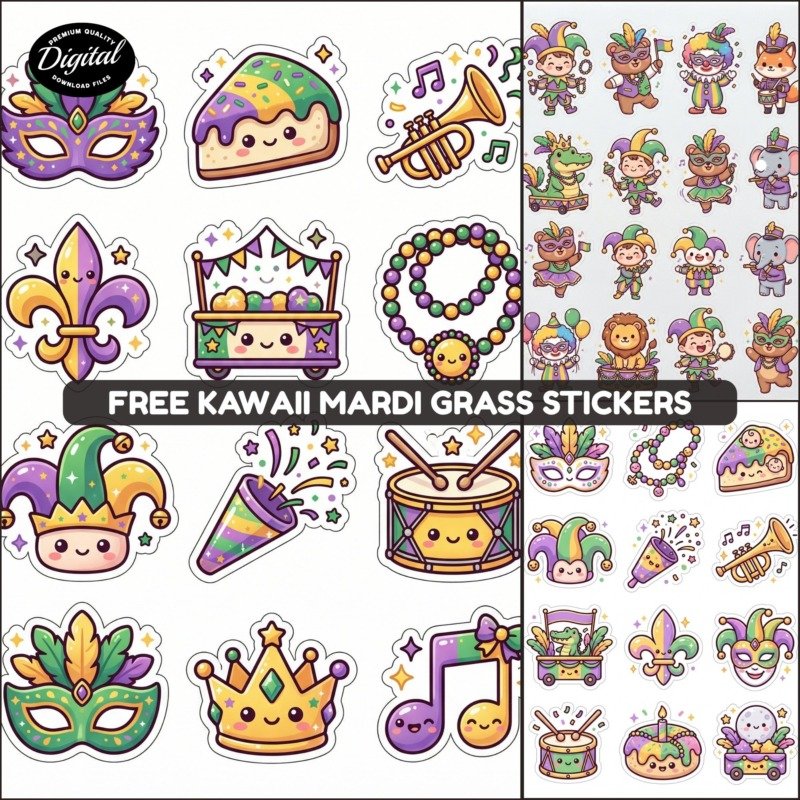 Free Kawaii Mardi Grass Stickers promos