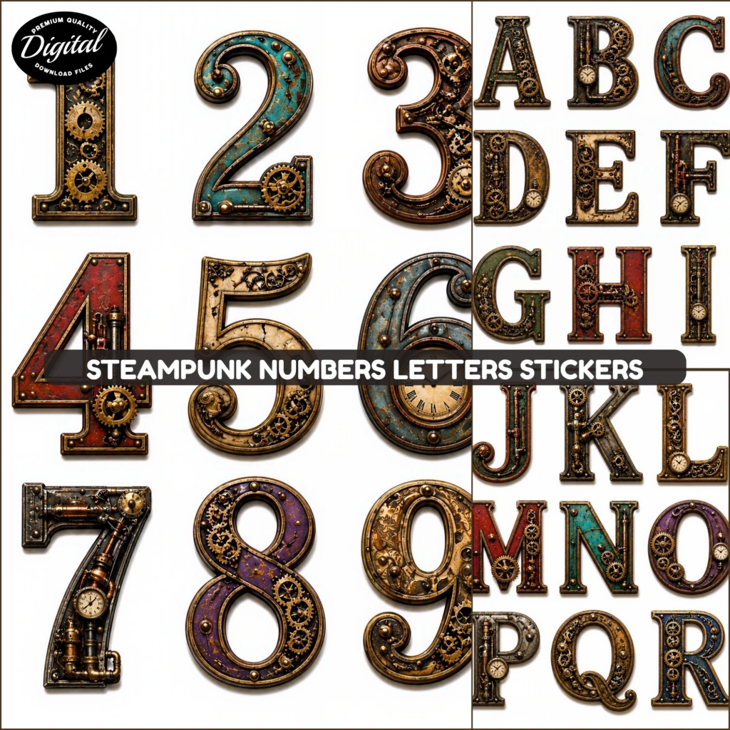 steampunk numbers letters stickers (2)