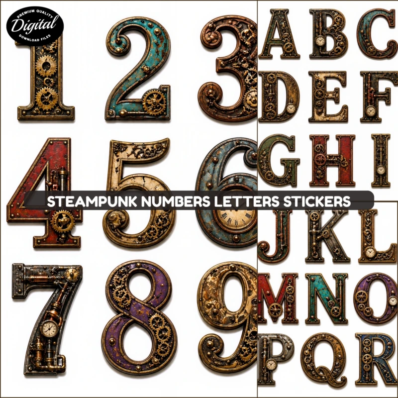 steampunk numbers letters stickers (2)