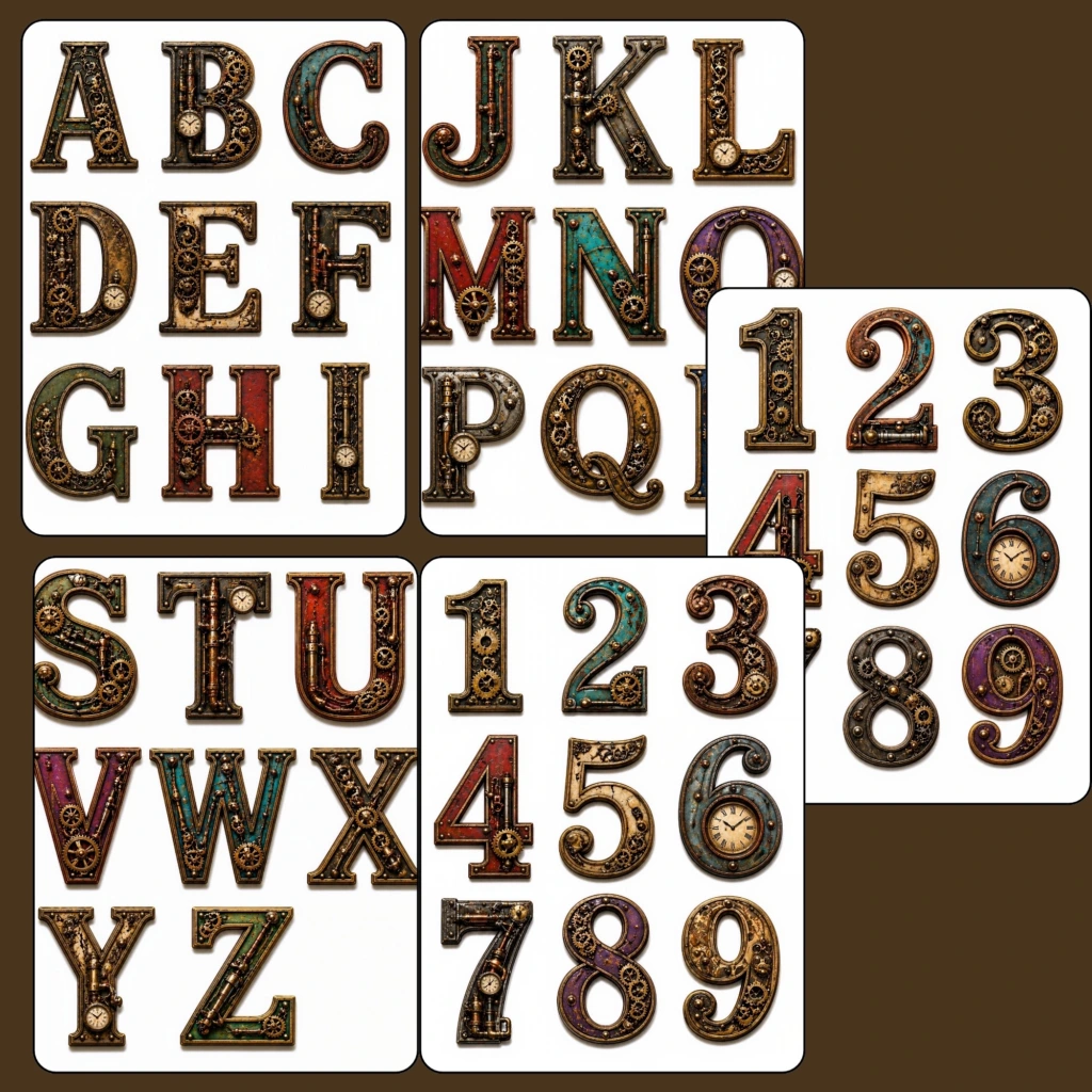 steampunk numbers letters stickers (3)
