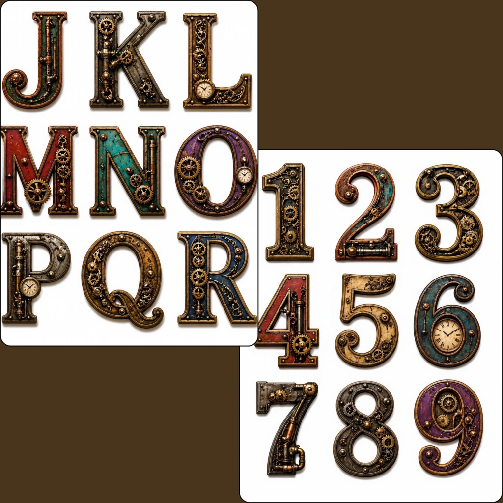 steampunk numbers letters stickers (4)