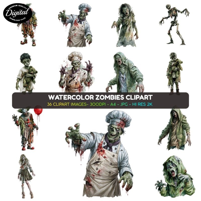 watercolor zombies clipart (2)