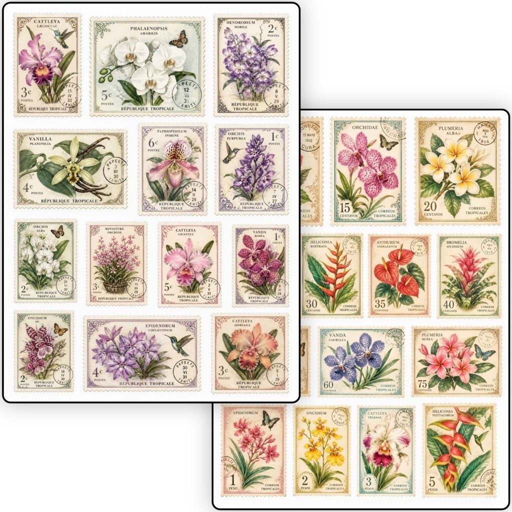 Tropical Flowers Stamps Fussy Cuts (6)